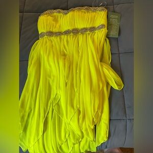 Strapless Neon Yellow Mini Dress with Beaded Trim for Prom or any occasion